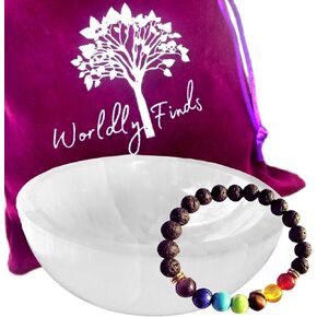Selenite Charging Bowl & Amethyst Crystal Bracelet Gift Set - Polished Thickly Hand-Carved, Moroccan Crystal Holder to Charge, Cleanse Crystals, Smudging Bowl, Spiritual Gifts Set (Amethyst)