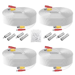 BNC Cable 4 Pack 25 Feet Security Camera Cable,CCTV Video Power Cable Wire for Surveillance Camera DVR Systems with 8pcs Connectors and 100pcs Cable Clips-White