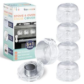 Child Proof Stove Knob Covers (Pack of 5) & Oven Lock - Double Key Design Standard Size 2.1"High x2.4"Wide Stove Knob Covers for Child Safety - Stove Knob Locks for Gas Or Electric Burners- Clear