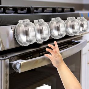 GRENFU Stove Knob Safety Covers (5 + 1 Pack) - Double-Key, Universal Size Gas Stove Knob Locks with Strong Double-Sided Tape, Heat-Resistant Oven Knob Covers for Child Safety/Pet Safety, Clear View