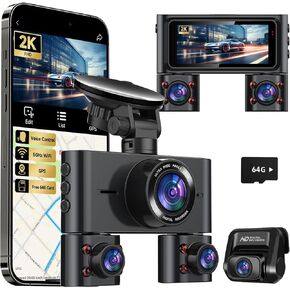 Dash Cam, 360° Dash Camera for Cars Front and Rear Inside, 4 Channel 4K/2K FHD Mini Dashcam, Built-in WiFi GPS, Free 64GB Card, Voice Control, WDR, HDR, Night Vision, 24/7 Parking Mode, V7PLUS