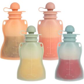 Reusable Baby Food Pouches with Straws, 4 Pack Refillable Silicone Squeezable Pouch for kids Toddlers, BPA Free, Baby Food Storage Containers for Make Homemade, 5 oz