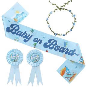 Serencatcher Baby on Board Maternity Sash for Boy, Blue Surfing Baby Shower Decorations Mom to Be Dad to Be Corsage Pins Flower Crown for Summer Beach Themed Baby Shower Gender Reveal Party