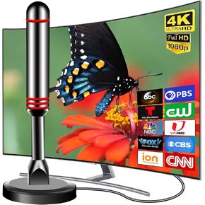 TV Antenna for Smart TV Indoor, 2024 Newest Antenna with Strong Magnetic Base, 360°&Long Range Reception TV Antenna for Local Channels, Easy Setup Antenna for TV Without Cable (Black+Red)