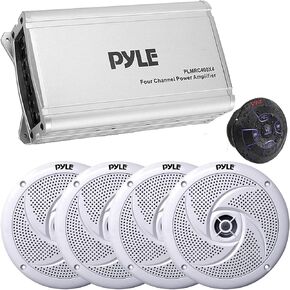Pyle PLMRC400X4 800 Watt Peak Power 4-Channel Marine Class D Compact Amplifier with 2 Pair (Qty 4) of Pyle PLMRS8W 8" 320 Watt Peak Power 2-Way Marine Speakers (White), Wireless Receiver Remote