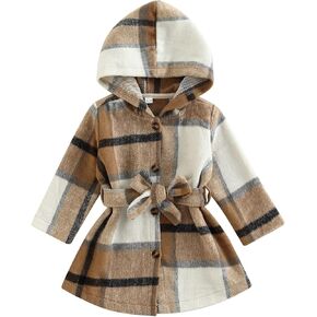 Toddler Baby Girl Flannel Long Sleeve Dress Coat Contrast Hoodie Jacket Patchwork Plaid Coat With Belt Fall Outerwear