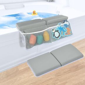 Baby Bath Kneeler and Elbow Rest Pad Set Thick & Comfortable 1.5", with Extra Storage for organizing Bath Toys. Quick Dry and Foldable. Perfect for Newborn Bath Essentials