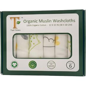 T 100% Organic Muslin Cotton Baby Washcloths - GOTS Certified - complies with CPC - Pack of 6 (White Base, Sea2Sky)