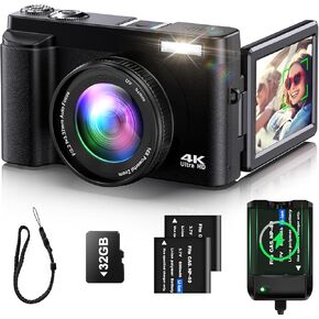 4K Digital Camera for Photography Auto-Focus Vlogging Camera for YouTube Video with 3'' 180° Flip Screen 16X Anti-Shake 4K Camera Compact Cameras with SD Card, Flash, 2 Batteries & Battery Charger
