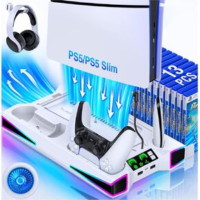 PS5 Stand, PS5/PS5 Slim Cooling Station with 3-Level Cooling Fan, RGB PS5 Slim Stand with Controller Charging Station for All Playstation 5 Console, PS5 Accessories with Headset Holder, 3 Charger Port
