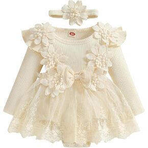 ZAXARRA Infant Baby Girl Romper Dress Baby Dress Romper Flowers Lace Fall Winter Festival Clothes with Headband