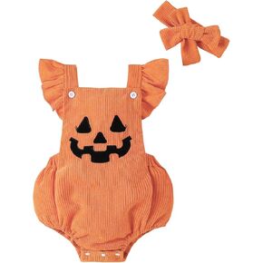 Newborn Baby Girl Clothes Ruffle Backless Pumpkin Romper Bodysuit Infant Fall Outfit with Headband
