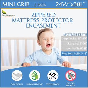 2 Pack Mini Crib Mattress Protector Waterproof Zippered Encasement Cover for Baby, Toddler (Mini Crib Size - 24x38x6)