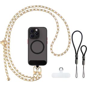 Phone Crossbody Strap, Cell Phone Lanyard for Women, 1× Leather Phone Strap, 1× Leather Phone Wrist Strap, 2× Pads, Phone Charm Compatible with Most Smartphones, Women's Bag(Adjustable Black)