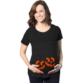 Maternity Twin Pumpkin Faces Tshirt Cute Halloween Jack-O-Lantern Pregnancy Tee