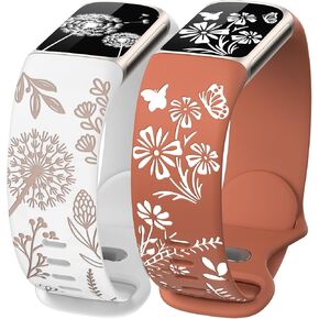 Wearlizer Floral Engraved Band Compatible with Fitbit Charge 6 Bands/Charge 5 Bands for Women, Two-Tone Flower Soft Silicone Cute Sport Strap for Fitbit Charge 6 5 Band-Variation 2