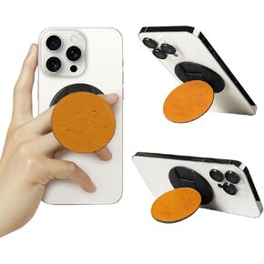 Alto Magnetic Round Phone Grip Stand Designed for MagSafe, Italian Leather Phone Grip with Stand Compatible with iPhone 15/14/13/12 Series & Phone Cases with Magsafe (Caramel Brown)