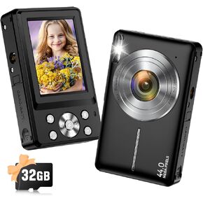 Digital Camera, 2024 Upgraded 1080P 44MP Digital Cameras for Kids, Digital Point and Shoot Camera with 16X Zoom, 32GB SD Card, Time Stamp, Compact Small Travel Camera for Boys Girls Teens, Black