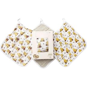 Sugar Lily's Classic Pooh,Muslin Cotton Washcloth Set, Soft Muslin Cotton, Durable, Classic Pooh+ Soccer Ball Design, Classic Pooh Print, Grey with White Trim, 3pc Set