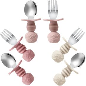 PandaEar 6 Pack Stainless Steel Baby Spoons and Fork Feeding Set - Anti-Choke First Self Feeding Utensils for Baby Girls Led Weaning Ages 3 Months+ (Pink/Beige)