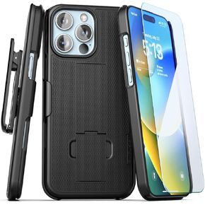 Encased DuraClip for iPhone 16 Pro Max Belt Clip Holster Case with Tempered Glass Screen Protector (Black)