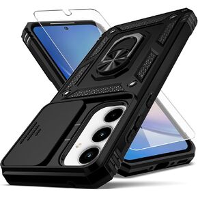 for Galaxy A35 5G Phone Case,with Camera Lens Cover HD Screen Protector,[Military Grade] Ring Car Mount Kickstand Hybrid Hard PC Soft TPU Shockproof Protective Case for Samsung A35 5G, Black