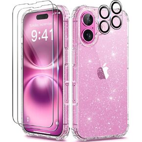 BERFY Compatible with iPhone 16 Case Glitter, [5 in 1] with 2X Screen Protector + 2X Camera Lens Protector, [Non-Yellowing] Clear Sparkle Slim Shockproof Hard Phone Cover for Women 6.1", Shiny Clear