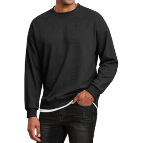 Men's Crewneck Sweatshirts Oversized Waffle Knit Texture Patchwork Long Sleeve Casual Lightweight Pullover Shirt