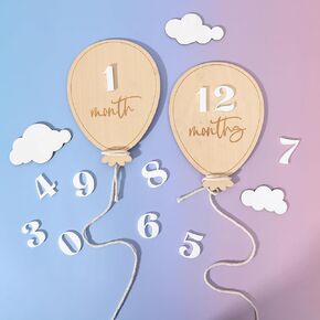 Wooden Balloon Milestone Sign - Balloon Baby Monthly Growth Record Markers,Baby Wooden Balloon Announcement Sign,Newborn 1-12 Months Photo Props,Boy Girl Balloon Milestone Sign