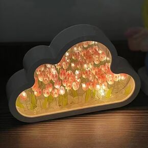 (20 Flower) Tulip Lamp Night Light with Mirror, Assembled Artificial Flower Lamp Table Light Bedroom Decoration Gift for Women Girlfriend Sisters Desk Table Decor, Cloud Design
