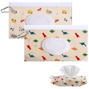 2Pcs Travel Wipes Case, 24cm *13.5cm Portable Wipes Dispenser with Carabiner Sealing Strip Closure Reusable Wipes Pouch for Daily and Travel Wipes(Little car, Little Dinosaur)