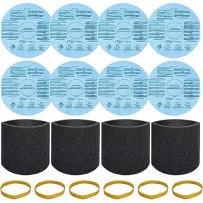 8 Pack 90107/90137 Reusable Dry Filters and 4 Pcs 90585 Foam Sleeve Filter Kit Replacement for Shop Vac 5 Gallon and Above Wet/Dry Vacuum, Part# 9010700, 9013700, 9058500, with 6 Retaining Bands