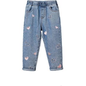 Floerns Girl's Elastic Waist Jeans Embroidery Straight Leg Denim Pants