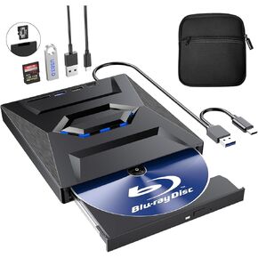 External Blu Ray Drive with Case,Portable Bluray Player Writer Reader,CD Burner with USB 3.0 typc C Port& SD Card,DVD & CD-ROM +/-RW,External Blu-Ray Drives for PC Laptop Desktop Windows Mac Linux