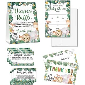 Baby Shower Cards Kit - Safari Jungle Set of 25 Baby Shower Invitations with Envelopes, Diaper Raffle Sign & Tickets, Thank You Postcards, Book Request Cards for Baby Shower - Dinosaur Themed Baby Shower Party Favor Decoration(07)