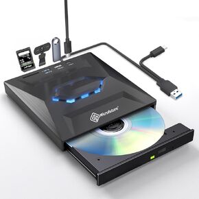 MICROFUTURE External USB C Portable CD/DVD +/-RW Drive/Player with SD Card Reader, USB 3.0 Hub, Compatible with Laptop, Desktop, Windows, Linux, Mac