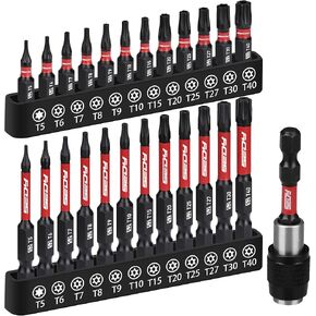 25-piece Torx Bit Set, 1''&2.5'' Security Tamper Proof Torx Impact Screwdriver Bits, T5-T40 CNC Machined Magnetic Tips, S2 Steel Star Bit, High Torque Strength Precision Tools with Storage Box
