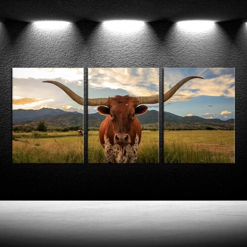 iKNOW FOTO Farm Animals Art Prints Black and White Highland Cattle with Long Horns Picture Printed on Canvas Painting for Home Decor Modern Living Room Decorations 12x16inchx3pcs in Saudi Arabia