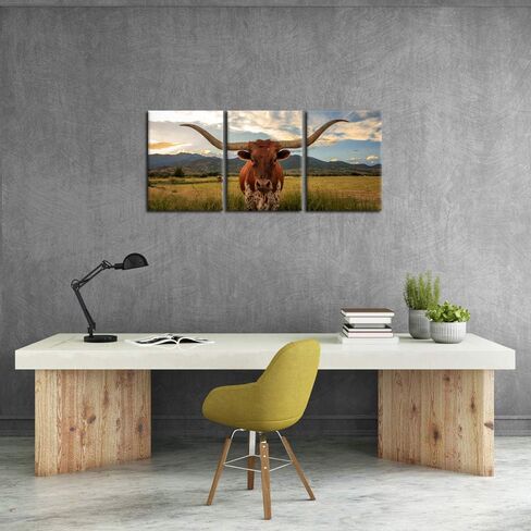 iKNOW FOTO Farm Animals Art Prints Black and White Highland Cattle with Long Horns Picture Printed on Canvas Painting for Home Decor Modern Living Room Decorations 12x16inchx3pcs in Saudi Arabia
