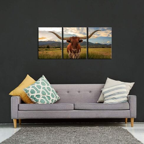 iKNOW FOTO Farm Animals Art Prints Black and White Highland Cattle with Long Horns Picture Printed on Canvas Painting for Home Decor Modern Living Room Decorations 12x16inchx3pcs in Saudi Arabia