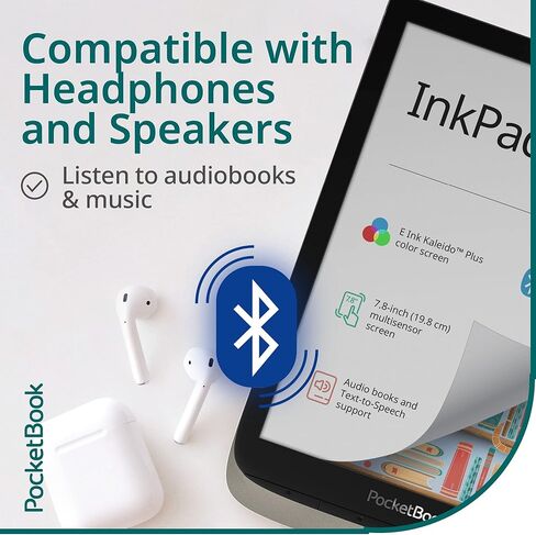 قارئ الكتب الإلكترونية الملون من Pocketbook InkPad | شاشة ملونة كبيرة مقاس 7.8 بوصة بالحبر الإلكتروني Kaleido™ Plus | 4096 لون | قارئ إلكتروني خالٍ من الوهج وصديق للعين | تحويل النص إلى كلام | إخراج الصوت | بلوتوث | كتب صوتية in Kuwait