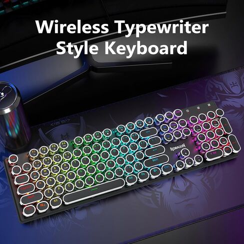 Redragon K710 Wireless Mechanical Gaming Keyboard Typewriter Style, Bluetooth/2.4Ghz/Wired Tri-Mode Connection, Metal Panel, Clicky Blue Switch, RGB Backlit, Round Keycaps, Black in Saudi Arabia