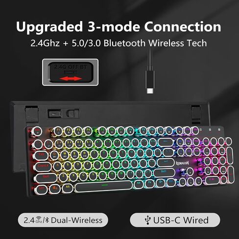 Redragon K710 Wireless Mechanical Gaming Keyboard Typewriter Style, Bluetooth/2.4Ghz/Wired Tri-Mode Connection, Metal Panel, Clicky Blue Switch, RGB Backlit, Round Keycaps, Black in Saudi Arabia