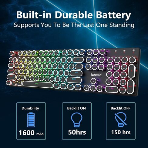 Redragon K710 Wireless Mechanical Gaming Keyboard Typewriter Style, Bluetooth/2.4Ghz/Wired Tri-Mode Connection, Metal Panel, Clicky Blue Switch, RGB Backlit, Round Keycaps, Black in Saudi Arabia