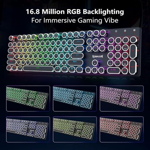 Redragon K710 Wireless Mechanical Gaming Keyboard Typewriter Style, Bluetooth/2.4Ghz/Wired Tri-Mode Connection, Metal Panel, Clicky Blue Switch, RGB Backlit, Round Keycaps, Black in Saudi Arabia