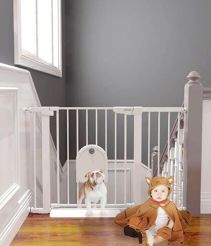 Dog Gate with Cat Door Auto Close 40.6-46" Metal Dog Gate for Doorway Stairs House Easy Walk Thru Pet Gate with Cat Door Indoor for Stairs includes 2 Y-Spindle Rods & 2 Extension Pieces & 4 Wall Cups in Saudi Arabia