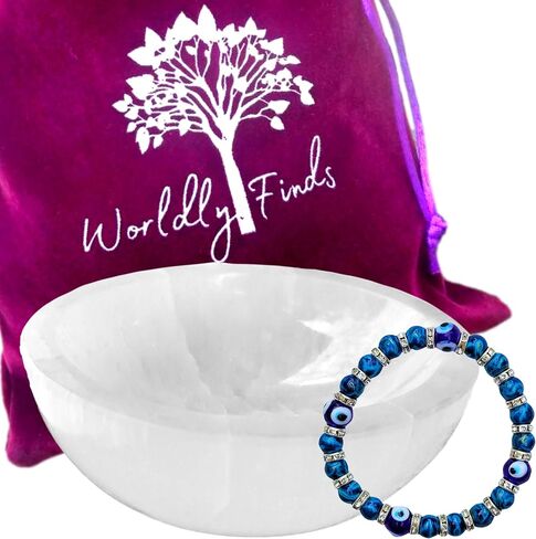 Selenite Charging Bowl & Amethyst Crystal Bracelet Gift Set - Polished Thickly Hand-Carved, Moroccan Crystal Holder to Charge, Cleanse Crystals, Smudging Bowl, Spiritual Gifts Set (Amethyst) in Kuwait