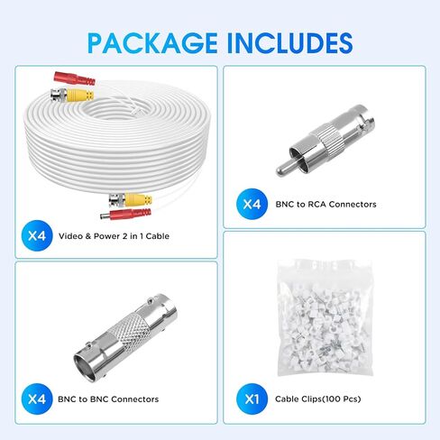 BNC Cable 4 Pack 200 Feet Security Camera Cable,CCTV Video Power Cable Wire for Surveillance Camera DVR Systems with 8pcs Connectors and 100pcs Cable Clips-White in Saudi Arabia