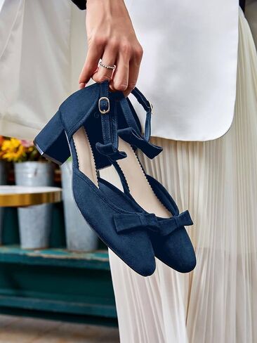 Coutgo Womens Chunky Low Heels Bow Closed Toe Ankle Strap Pumps Elegant Wedding Party Dress Shoes in Saudi Arabia
