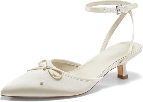 Coutgo Womens Kitten Low Heels Bow Tie Closed Pointed Toe Ankle Strap Pumps Party Wedding Dress Shoes in Saudi Arabia